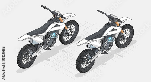 Two sleek, modern electric dirt bikes in an isometric view, showcasing innovative off-road vehicle design and future transportation