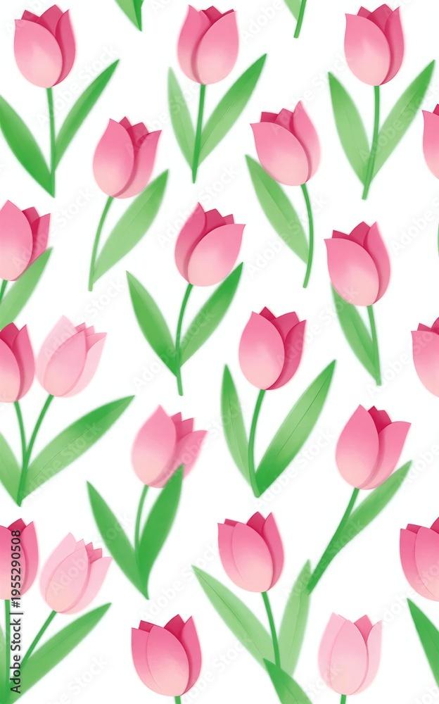 Obraz premium Pink tulips with green leaves scattered on a white background in a