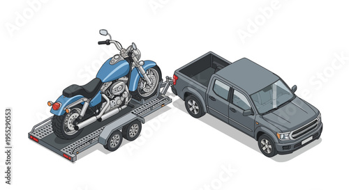 Isometric illustration of a motorcycle being transported on a trailer attached to a pickup truck