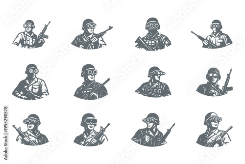set of military soldiers icons in different poses