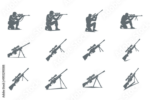 set of silhouettes of soldiers with rifles in various positions