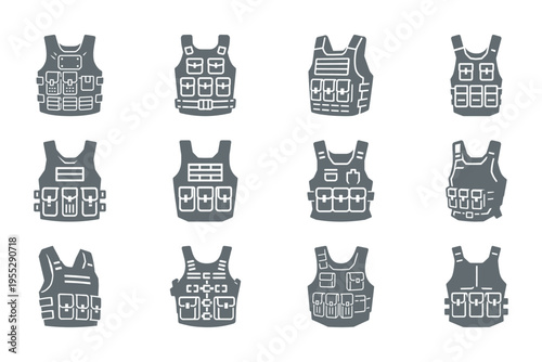 a collection of tactical vest designs for security and military use,  protective gear