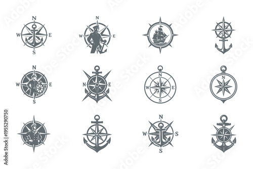 Collection of nautical compass and anchor icons