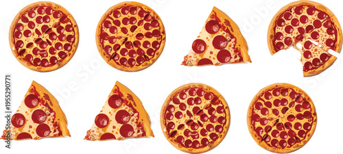 Pepperoni Pizza Vector Illustration Set, Slices and Whole Pizzas for Food Design, Fast Food, Italian Cuisine