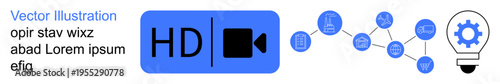 Video streaming, digital communication, content creation, technology, innovation, online collaboration. HD video icon with connecting nodes and lightbulb gear symbol. Video streaming and digital