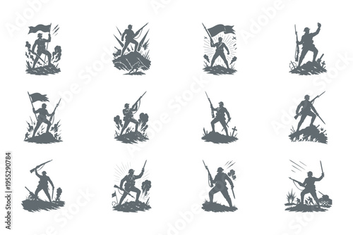 set of victorious soldier silhouettes, war and triumph illustrations