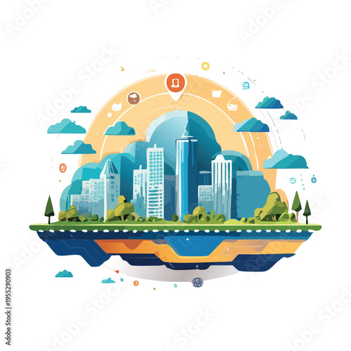 Modern cityscape illustration featuring skyscrapers and icons on a white background