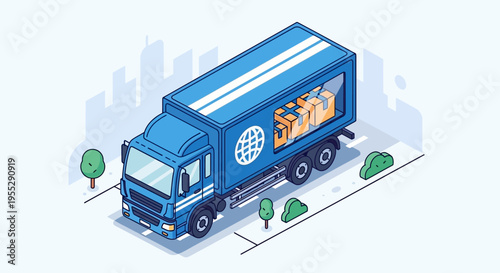 Isometric view of a blue delivery truck transporting cargo, illustrating logistics and transportation services with a cityscape in the background