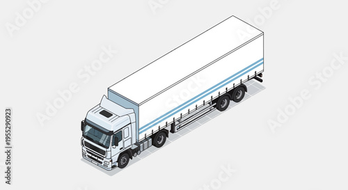 Isometric illustration of a modern white commercial semi-truck with a long cargo trailer, ideal for logistics, freight, and transportation design. Detailed vector graphic of a heavy goods vehicle