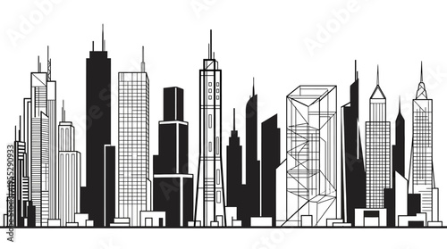 Abstract Black and White City Skyline Silhouette with Tall Buildings on Isolated White Background