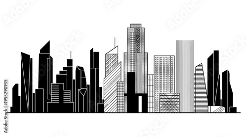 Abstract Black City Skyline Silhouette with Modern Skyscraper Buildings on Isolated White Background