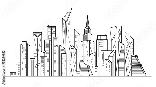 Stylized Modern City Skyline Illustration with Geometric Skyscraper Buildings in Line Art on Isolated White Background