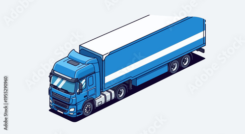 Isometric illustration of a blue semi-truck with a white cargo trailer, perfect for industrial freight, global logistics, and efficient delivery services