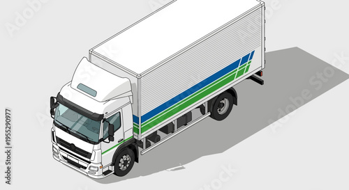 Isometric illustration of a white commercial truck with blue and green stripes on the side, viewed from an elevated angle against a plain background
