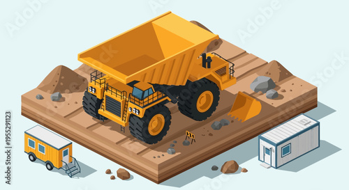 Vibrant isometric vector illustration showcasing a powerful yellow dump truck actively working on a dynamic construction or mining site, surrounded by soil mounds and portable units