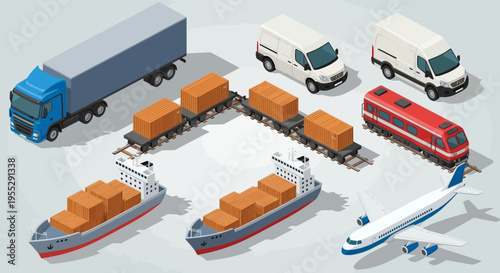 Isometric View of Diverse Freight Transport Modes Truck, Vans, Train, Ships, and Airplane Illustrating Global Logistics and Shipping Concepts