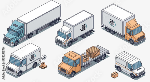 Isometric vector set of diverse logistics and delivery vehicles. Depicts trucks, vans, and flatbeds for modern transportation, freight, and shipping infrastructure