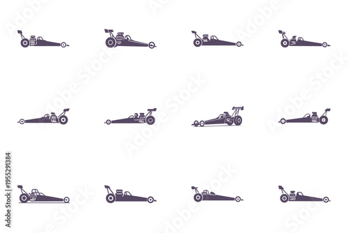 фотографія collection of dragster cars in motion on white background