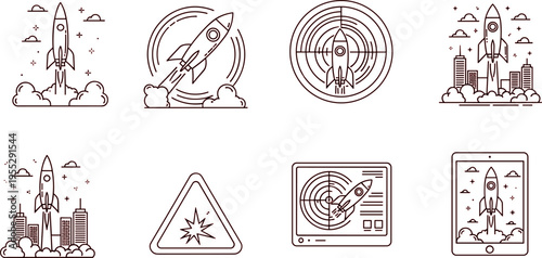 rocket launch line icons set, space exploration symbols, radar tracking interface, mobile app illustration, warning sign, aerospace technology vector collection