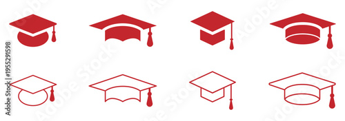 Line art and solid graduation cap icon set. Graduation cap vector icon set for education success and academic achievement design elements. eps 10