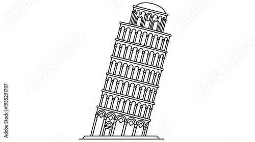 Distinctive Leaning Tower of Pisa Outline, World-Famous Italian Landmark on Isolated White Background