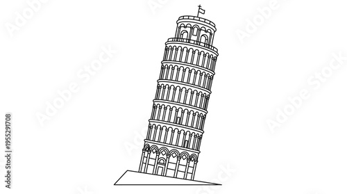 Leaning Tower of Pisa Line Art Icon, Historical Italian Architecture on Isolated White Background