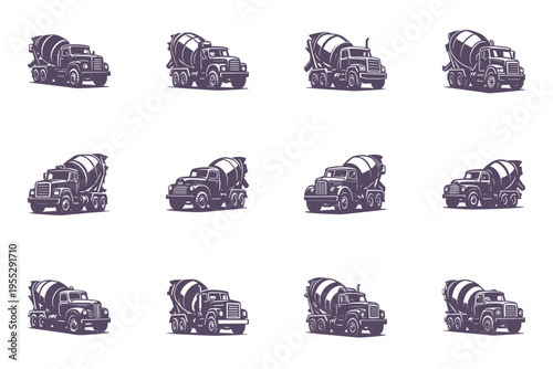 set of cement mixer truck icons in purple silhouette