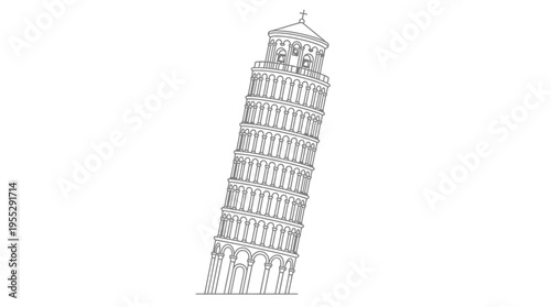 Leaning Tower of Pisa Outline Drawing, Iconic Italian Structure on Isolated White Background