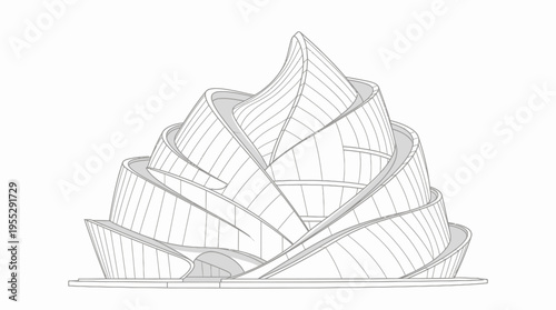 Modern Abstract Wavy Architectural Building Outline, Futuristic Design on Isolated White Background