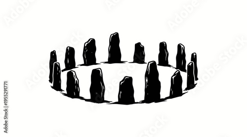 Stonehenge-like Megalithic Stone Circle Silhouette, Ancient Landmark on Isolated White Background
