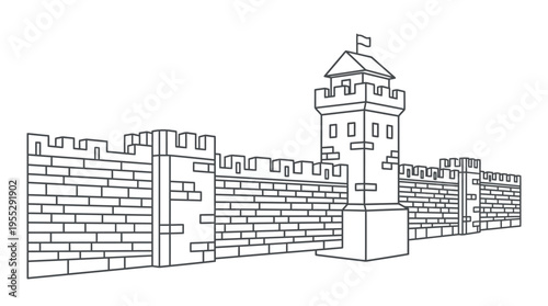 Perspective view of a medieval castle with wall and watchtower, historical fortress illustration on an isolated white background.