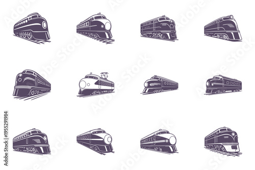 Collection of train illustrations in various angles and styles