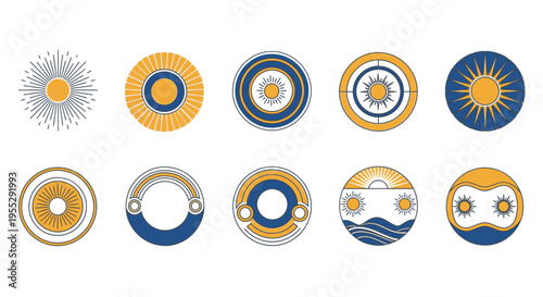 Collection of Circular Abstract Geometric Sun Symbols.