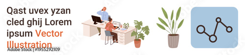 Teamwork, office communication, remote collaboration, workplace setup, productivity, organization. Two colleagues working at desks with a plant and network diagram. Teamwork and office communication