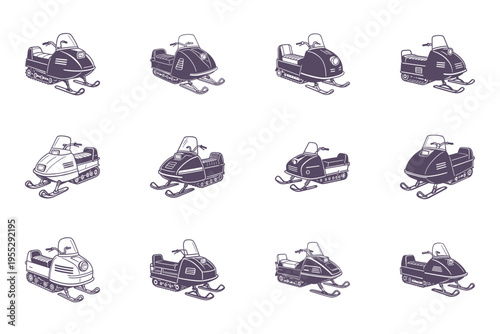 Collection of snowmobiles in various poses and colors