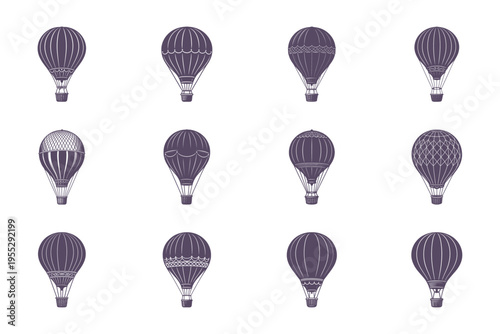 Collection of various hot air balloons in purple and white hues
