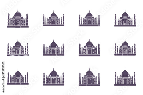 Taj Mahal icons, purple silhouette illustrations of famous Indian monument