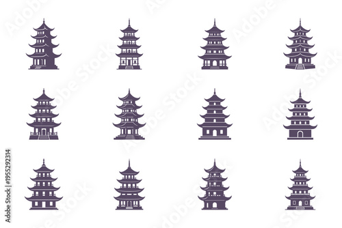 set of chinese pagoda silhouettes