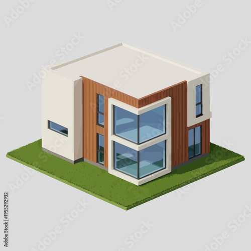 Modern 3D Rendered House with Large Windows.