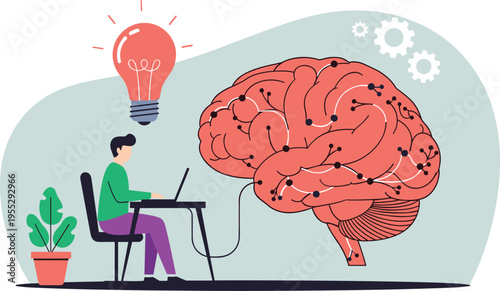 Artificial intelligence concept with human working on laptop connected to digital brain, innovation technology, machine learning, data processing, neural network illustration
