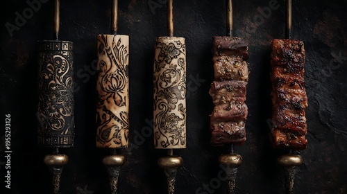 Ornate decorative cylinders and savory meat pieces are presented vertically on metal skewers