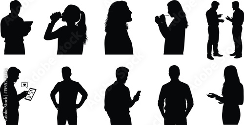 Collection of people silhouettes in various poses using phone, tablet, drinking coffee and talking, representing communication, lifestyle and social interaction concept illustration