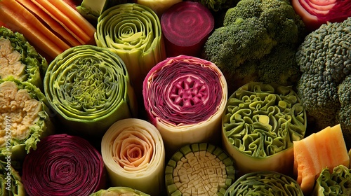 Close up view of various colorful vegetables showing intricate cross sections