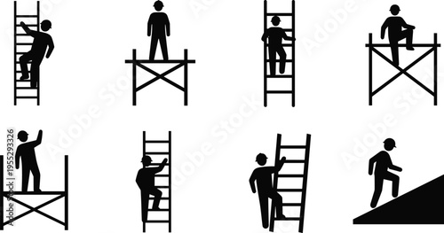 Construction worker silhouettes climbing ladder and scaffolding, working at height, safety, labor and industrial job concept set in solid black vector illustration