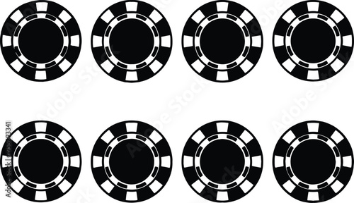 Eight black and white poker chips in a grid pattern, representing gambling, casino games, and a chance for winning or losing money.