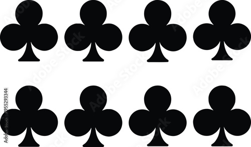 Eight black club suit symbols arranged in a two-row grid, symbolizing playing cards, card games, luck, and the potential for a winning hand.
