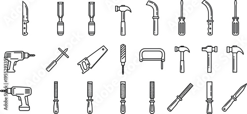 Set of hand tools line icons including hammer, screwdriver, drill, saw, chisel, and knife, construction and repair equipment collection for DIY and industrial design use