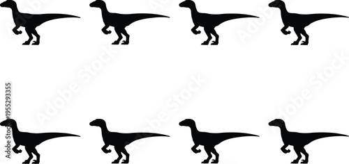 Eight black silhouette Velociraptor dinosaurs in a grid, representing prehistoric times, ancient predators, fossils, and the age of reptiles.