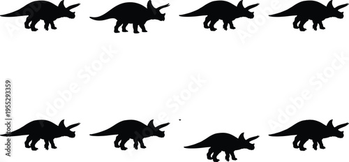 Eight black silhouette Triceratops dinosaurs in a grid, symbolizing prehistoric eras, ancient herbivores, fossils, and the age of reptiles.