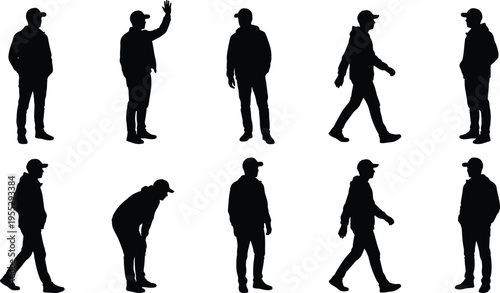 Set of male walking and standing silhouettes in different poses, casual people collection, human body language, movement gestures isolated on white background